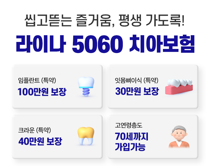 씹고뜯는 즐거움, 평생 가도록! 라이나 5060 치아보험. 임플란트(특약) 100만원 보장. 잇몸뼈이식(특약) 30만원 보장. 크라운(특약) 40만원 보장. 고연령층도 70세까지 가입가능
