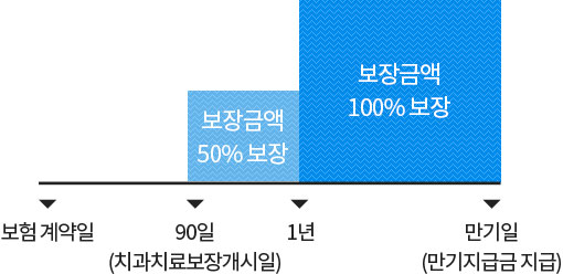 보험계약일로부터 90일(치과치료보장개시일)이 지난 날의 다음날부터 1년 이내 충전, 크라운치료 보장금액 50%보장., 1년 이후 만기일내 충전, 크라운치료 보장금액 100%보장을 막대그래프로 도식화
