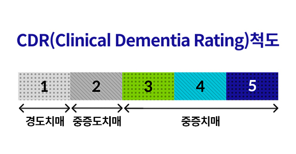 CDR(Clinic Denmentia Rating) 척도. 1 경도치매, 2 중증도치매, 3-5 중증치매