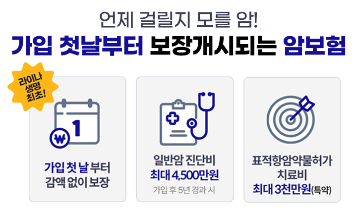 언제 걸릴지 모를 암! 가입 첫날부터 보장개시되는 암보험. 라이나생명 최초! 가입 첫 날부터 감액 없이 보장, 일반암 진단비 최대 4,500만원, 표적항암약물허가 치료비 최대 3천만원(특약)