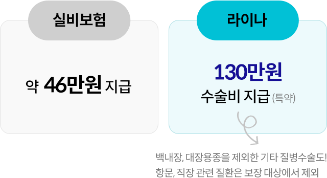 실비보험 약 46만원 지급, 라이나 130만원 수술비 지급(특약) + 백내장, 대장용종을 제외한 기타 질병수술도! 항문, 직장 관련 질환은 보장 대상에서 제외