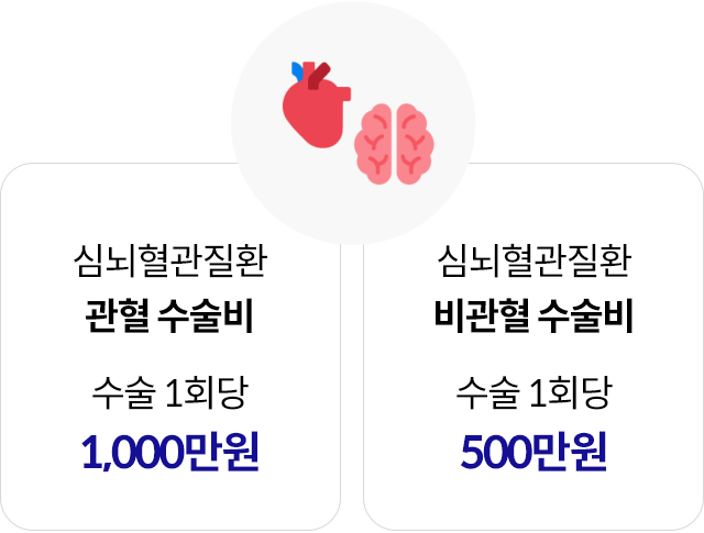 심뇌혈관질환 관혈 수술비 수술 1회당 1,000만원, 심뇌혈관질환 비관혈 수술비 수술 1회당 500만원