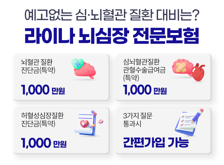예고없는 심·뇌혈관 질환 대비는?, 라이나 뇌심장 전문보험, 뇌혈관 질환 진단금(특약) 1,000 만원, 심뇌혈관질환 관혈수술급여금(특약) 1,000 만원, 허혈성심장질환 진단금(특약) 1,000 만원, 3가지 질문 통과시 간편가입 가능