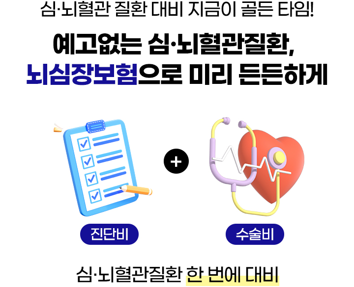 심뇌혈관 질환 대비 지금이 골든 타임! 예고없는 심뇌혈관질환, 뇌심장보험으로 미리 든든하게. 진단비+수술비. 심뇌혈관질환 한 번에 대비