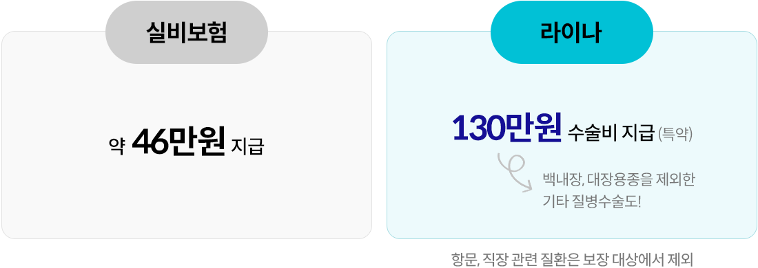 실비보험 약 46만원 지급, 라이나 130만원 수술비 지급(특약) + 백내장, 대장용종을 제외한 기타 질병수술도! 항문, 직장 관련 질환은 보장 대상에서 제외