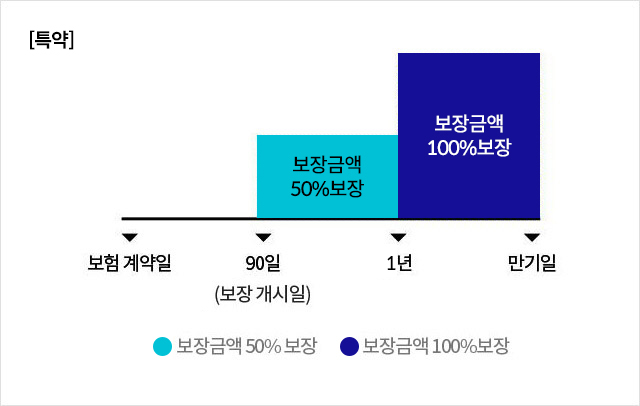 [특약] 보장 계약일 90일(보장개시일) - 1년: 보장금액 50% 보장, 보장 계약일 1년 - 만기일: 보장금액 100% 보장