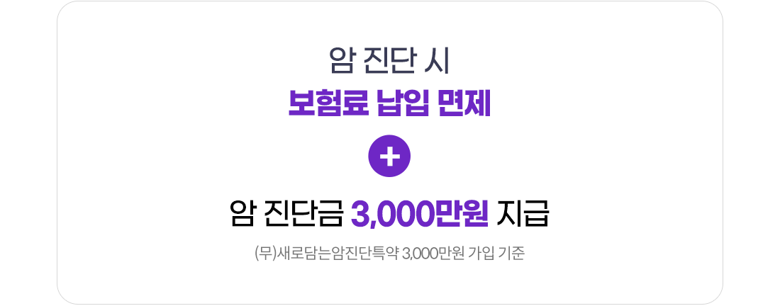 암 진단 시 보험료 납입 면제 + 암 진단금 3,000만원 지급 (무)새로담는암진단특약 3,000만원 가입 기준