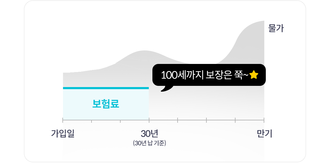 100세까지 보장은 쭉~ 가입일-30년(30일 납 기준) 보험료 납입