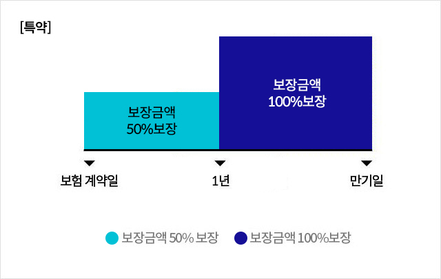 [특약] 보장 계약일 90일(보장개시일) - 1년: 보장금액 50% 보장, 보장 계약일 1년 - 만기일: 보장금액 100% 보장