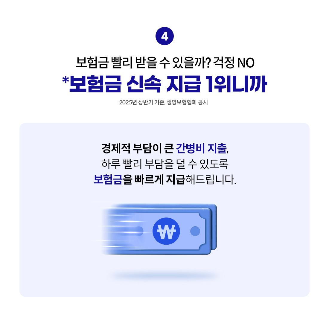 보험금 빨리 받을 수 있을까? 걱정 NO. 보험금 신속 지급 1위니까. 2025년 상반기 기준, 생명보험협회공시. 경제적 부담이 큰 간병비 지출, 하루 빨리 부담을 덜 수 있도록 보험금을 빠르게 지급해드립니다