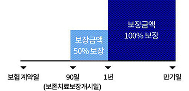 보험 계약일 90일(보존치료보장개시일)부터 1년까지 보장금액 50% 보장, 1년부터 만기일까지 보장금액 100% 보장