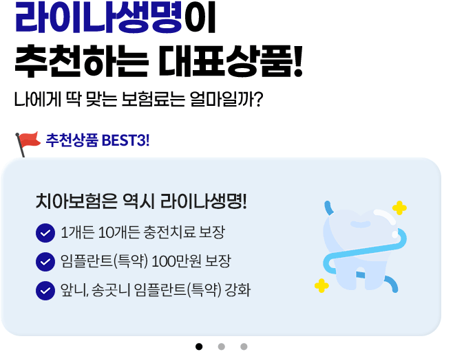 라이나생명이 추천하는 대표상품! 나에게 딱 맞는 보험료는 얼마일까? 추천상품 BEST3! 1.치아보험은 역시 라이나생명! 1개든 10개든 충전치료 보장, 임플란트(특약) 100만원 보장, 앞니, 송곳니 임플란트(특약) 강화 2.가입 첫날부터 100% 보장 개시되는 암보험. 면책/감앤 기간없이 가입 첫날부터 보장! 일반암 진단비 최대 3천만원, 표적항암약물허가치료비 최대 5천만원(특약) 3.든든한 백세시대를 위한 치매보험. 경도치매부터 든든보장(특약), 중증치매간병생활자금 평생 지급, 치매 재가급여금 매월 30만원(특약)
