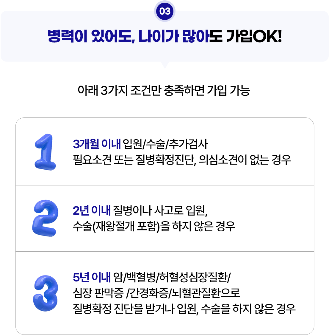 병력이 있어도, 나이가 많아도 가입 OK. 아래 3가지 조건만 충족하면 가입 가능. 1.3개월 이내 입원/수술/추가검사 필요소견 또는 질병확정진단, 의심소견이 없는 경우, 2. 2년 이내 질병이나 사고로 입원, 수술(재왕절개 포함)을 하지 않은 경우, 3. 5년 이내 암/백혈병/허혈성심장질환/심장 판막증/간경화증/뇌혈관질환으로 질병확정 진단을 받거나 입원, 수술을 하지 않은 경우