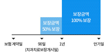 보험계약일로부터 90일(치과치료보장개시일)이 지난 날의 다음날부터 1년 이내 충전, 크라운치료 보장금액 50%보장., 1년 이후 만기일내 충전, 크라운치료 보장금액 100%보장을 막대그래프로 도식화