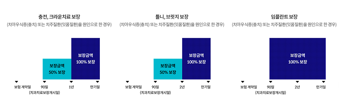 보험계약일로부터 90일(치과치료보장개시일)이 지난 날의 다음날부터 보장금액 100%보장을 막대그래프로 도식화